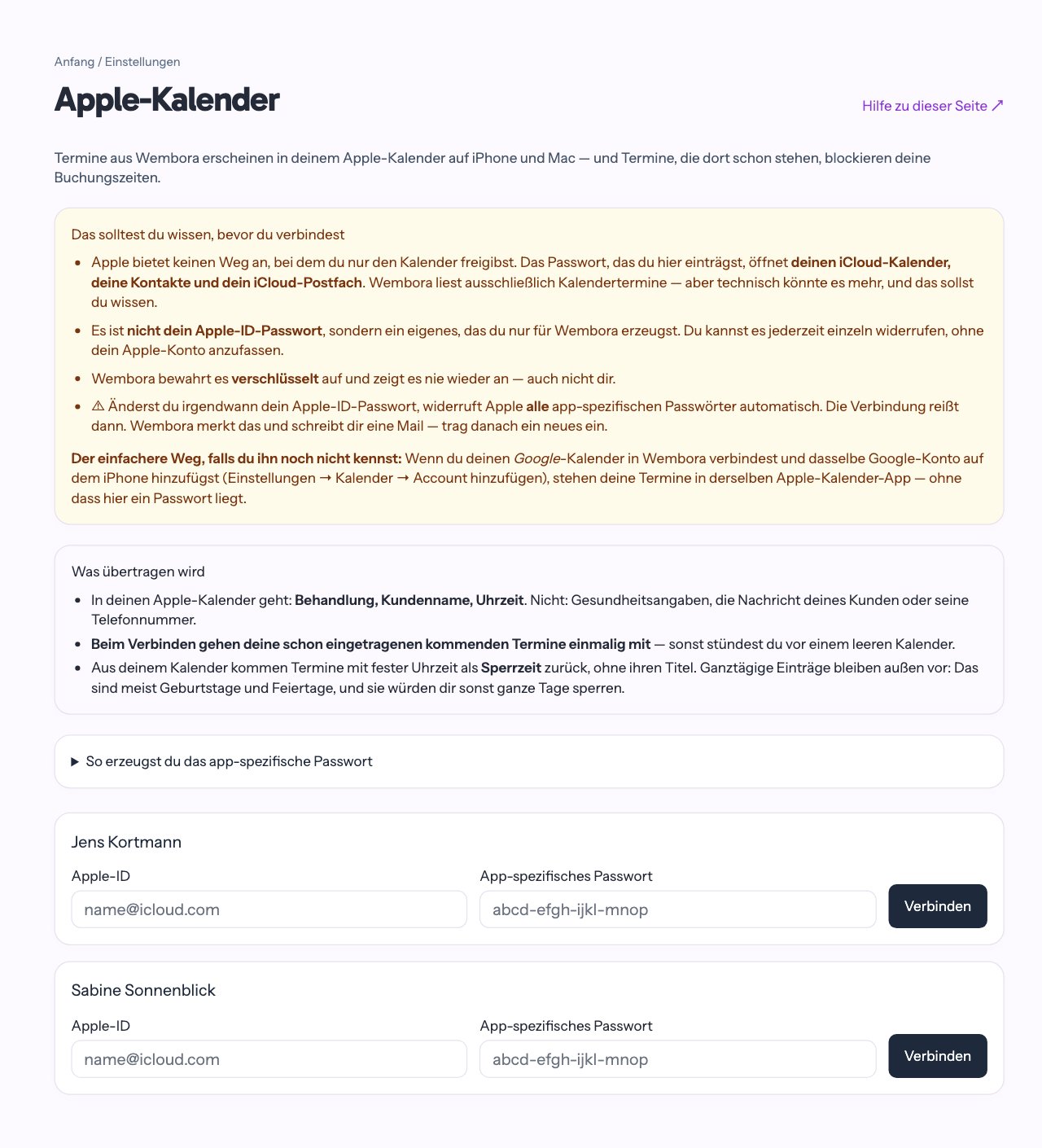 Die Seite Apple-Kalender: der Hinweis vor dem Verbinden, darunter je Person Apple-ID und app-spezifisches Passwort