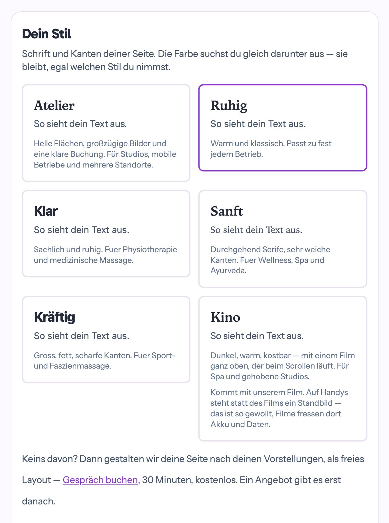 Dein Stil: die Vorlagen Atelier, Ruhig, Klar, Sanft, Kräftig und Kino