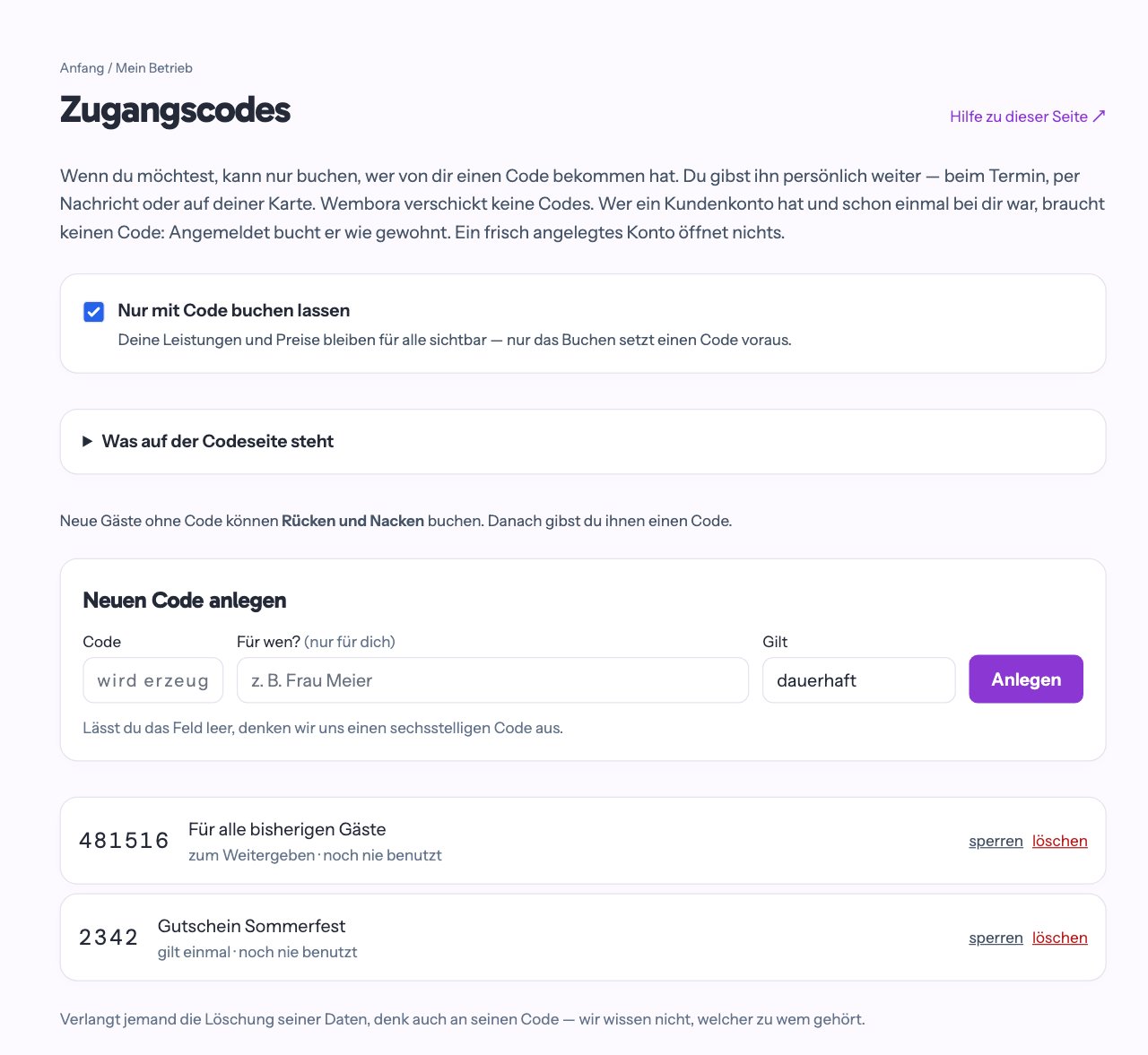 Die Zugangscodes: der Schalter „Nur mit Code buchen lassen“, das Formular für neue Codes und zwei Codes