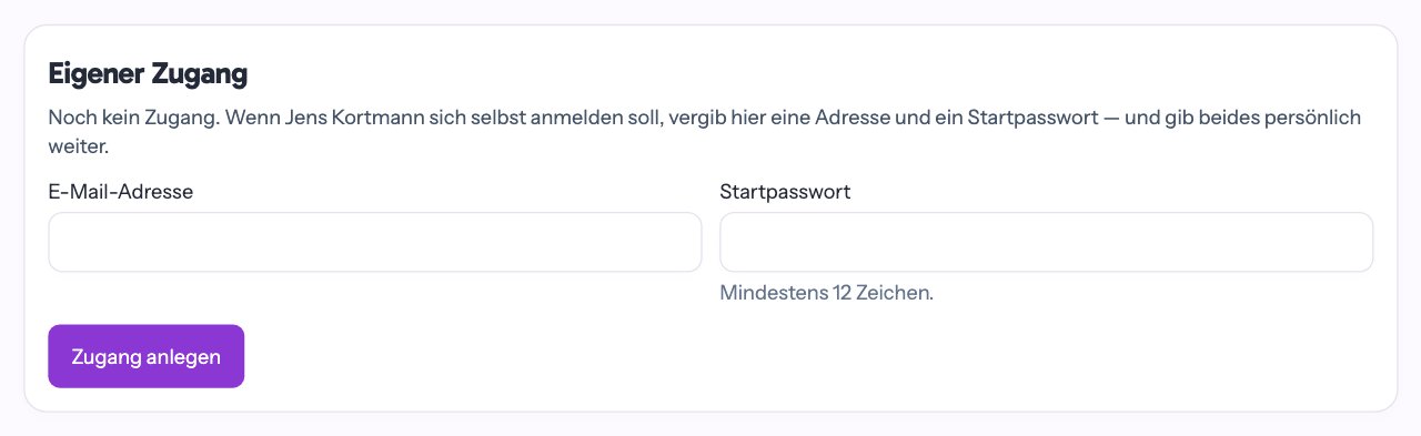 Der Kasten „Eigener Zugang“ mit E-Mail-Adresse und Startpasswort