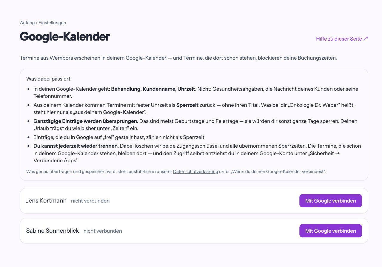 Die Seite Google-Kalender: was übertragen wird, darunter für jede Person „Mit Google verbinden“