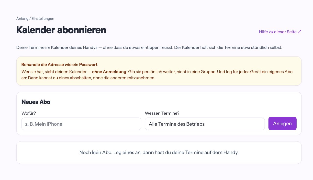 Die Seite Kalender abonnieren mit dem Kasten „Neues Abo“