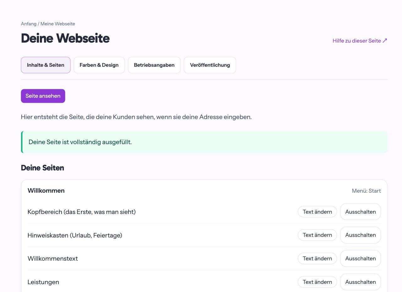 Die Inhalte der Webseite: oben die Reiter, darunter die Abschnitte mit „Text ändern“ und „Ausschalten“